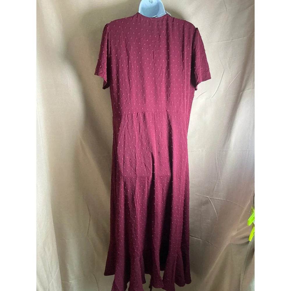 PrettyGarden Swiss Dot Maxi Dress Women Large Burgundy NWT Ruffle V-Neck Short